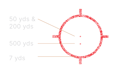 Red rifle scope reticle with distance markers