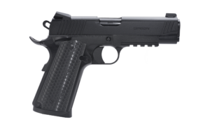 Black semi-automatic handgun isolated on white background