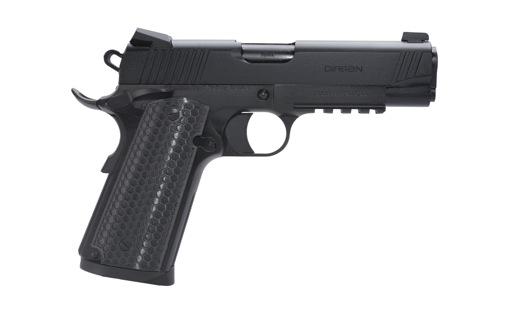 Black semi-automatic handgun isolated on white background