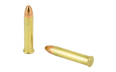 Two brass rifle cartridges on white background