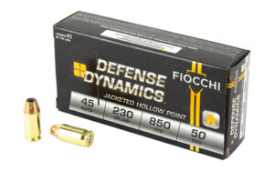 Fiocchi 45 Auto hollow point ammunition box and bullets.