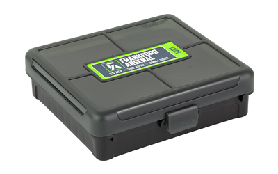 Black plastic storage case with green label