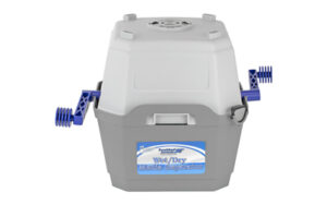 Portable gray livestock waterer with blue handles