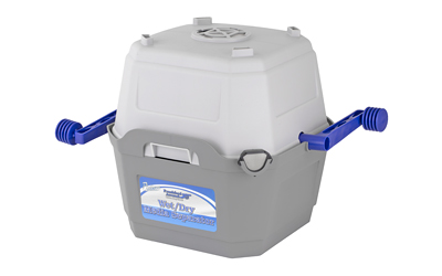 Gray covered cat litter box with blue handles
