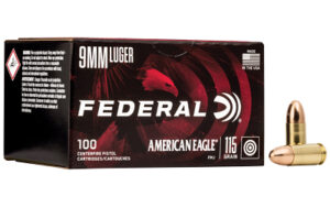 9mm Luger ammunition, Federal American Eagle box and bullets.