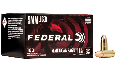 9mm Luger ammunition, Federal American Eagle box and bullets.