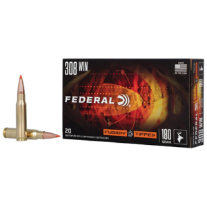 Federal 308 Win Fusion rifle ammunition box and cartridges