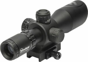 Black rifle scope with adjustment turrets