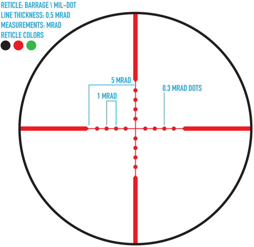Mil-dot rifle scope reticle with MRAD markings