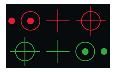 Red and green geometric symbols on black background