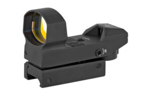 Black reflex red dot sight optic with lens