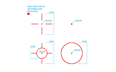 Rifle scope reticle diagrams with MOA dot sizes
