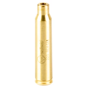Brass bullet laser bore sight on white background.