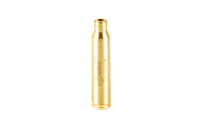 Brass bullet laser bore sight on white background.