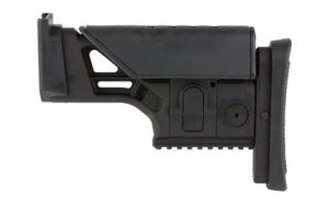 Black adjustable rifle buttstock on white background