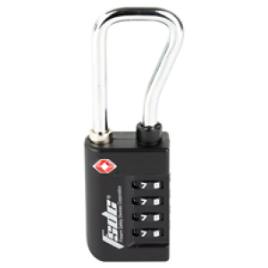 Black combination TSA lock with silver shackle.
