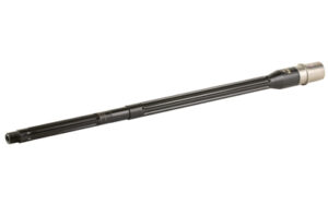 Long metal barrel component on white background