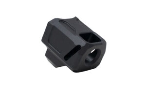Black metal machined component with angular cutouts