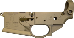 Tan-colored gun lower receiver side view.