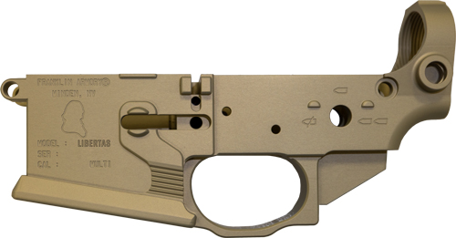 Tan-colored gun lower receiver side view.