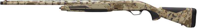 Camouflage pump-action shotgun on white background