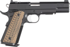 Black semi-automatic pistol with textured grip
