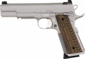 Silver semi-automatic pistol with wood grip