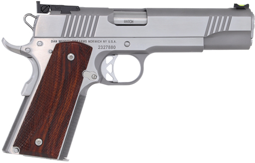 Silver semi-automatic pistol with wooden grip panels