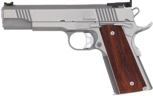 Silver semi-automatic pistol with wooden grip