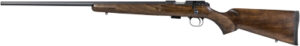 Long wooden-stock hunting rifle on white background