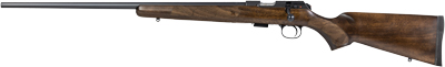 Long wooden-stock hunting rifle on white background