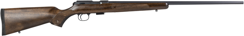 Wooden-stock bolt-action rifle on white background