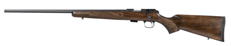 Bolt-action rifle with wooden stock on white background