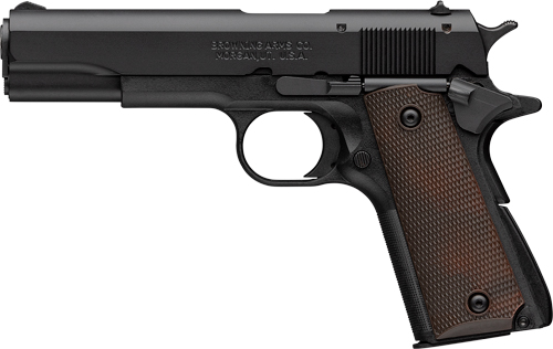 Black semi-automatic pistol with brown grip