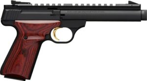 Black pistol with wooden grip and long barrel