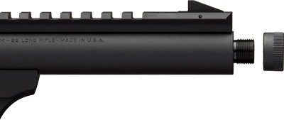 Close-up of black threaded rifle barrel with rail