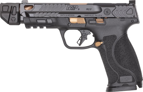 Black and gray handgun with gold accents