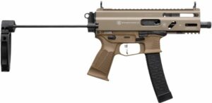 Tan semi-automatic pistol with folding stock.