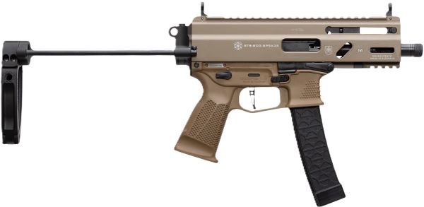 Tan semi-automatic pistol with folding stock.