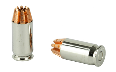 Two hollow-point handgun cartridges on white background