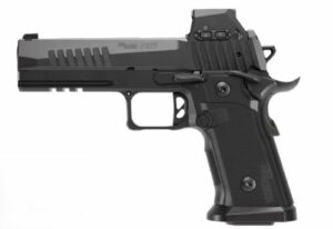 Black handgun side view on white background.