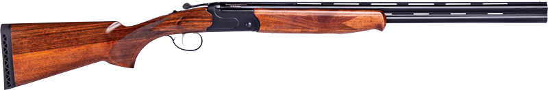 Side view of over-under shotgun with wooden stock