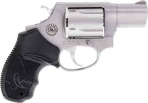 Silver revolver with black grip.