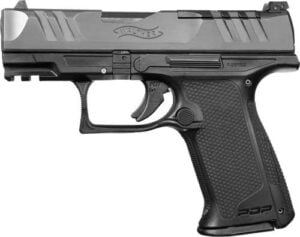 Black semi-automatic handgun on white background
