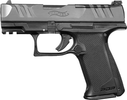 Black semi-automatic handgun on white background