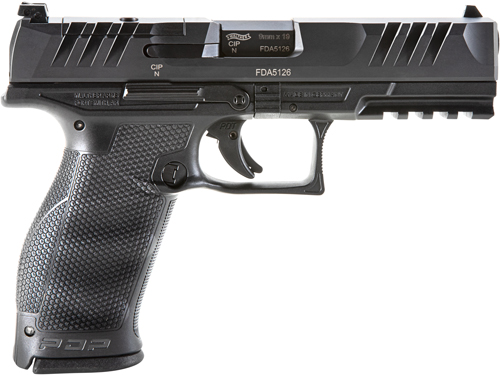 Black semi-automatic pistol on white background