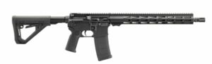 Black semi-automatic rifle with an adjustable stock.