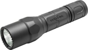 Black tactical flashlight, close-up view