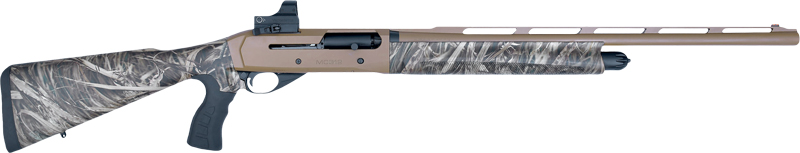 Camouflage hunting shotgun with scope attachment.