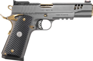Silver and gold semi-automatic handgun, black grip
